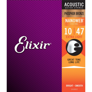 Комплект струн для акустической гитары Elixir 16002 NANOWEB Extra Light, фосфорная бронза, 10-47